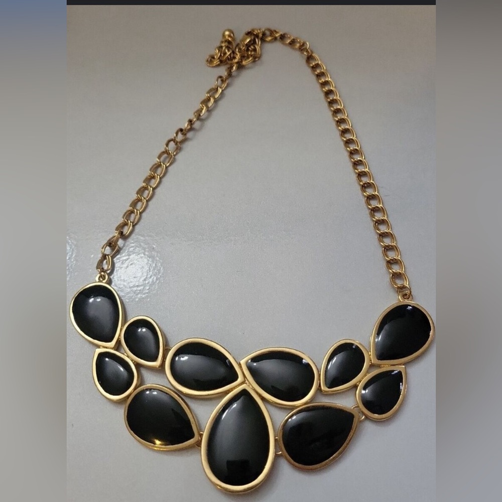 Premier Designs Gold Tone Double Link Black Enameled Cluster Tear Drop Necklace